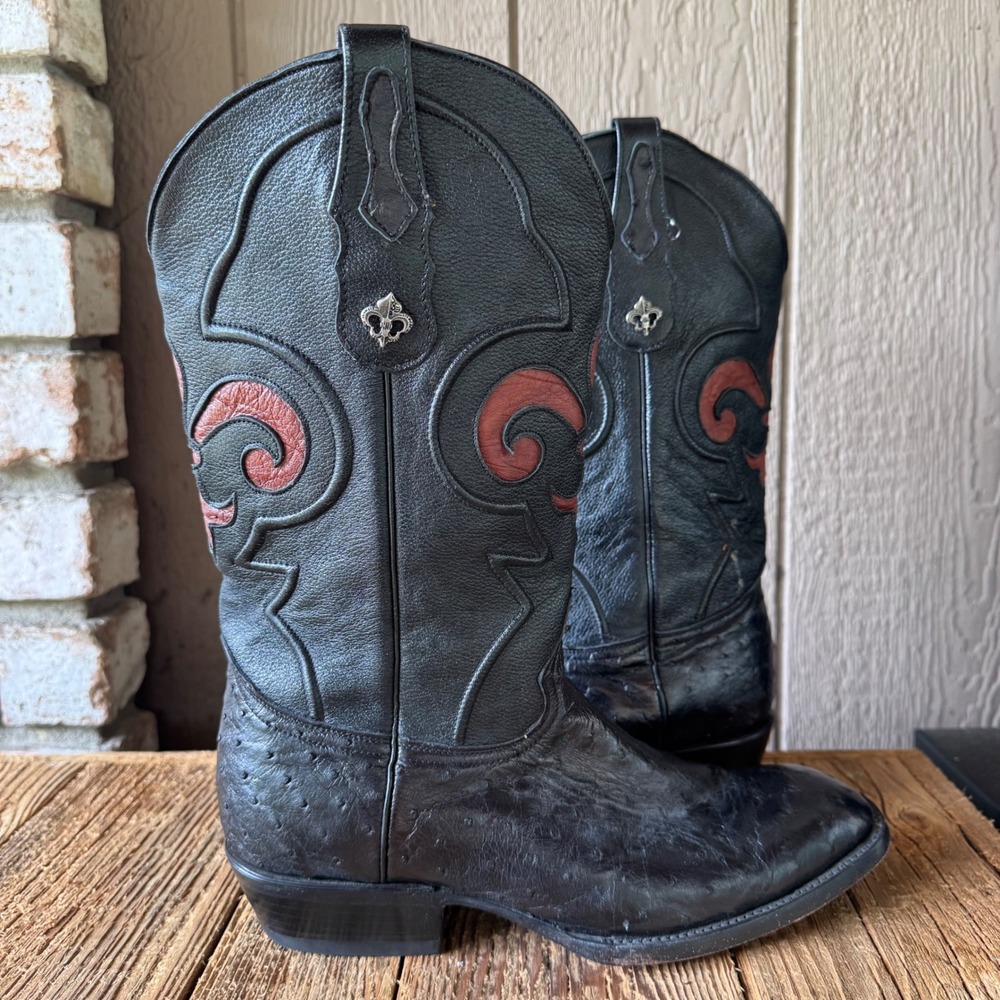 Acadian Leather Mens Ostrich Cowboy Boots Black Red Fleur De Lis 10 EE 2500